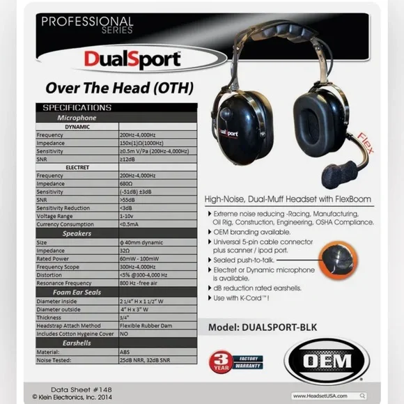 Dual Sport High Noise Headset. BRAND NEW. 2 pairs with K-cord included.